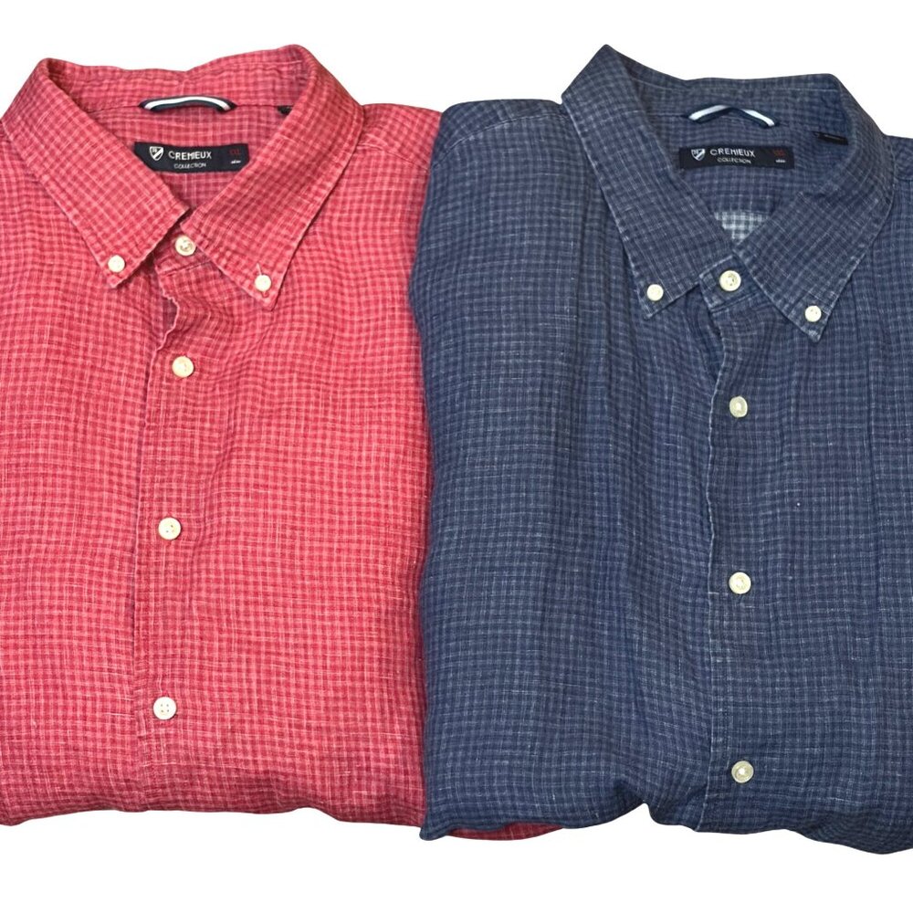 Bundle Cremieux Collection Mens 2 Linen Shirts: Gingham Button Down (Red & Blue)